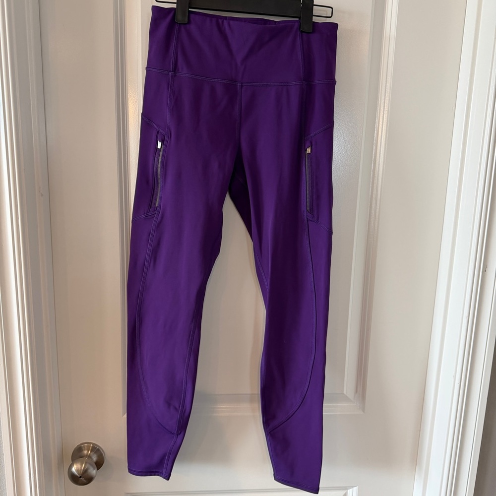 Athleta Rainer Tights Leggings‎ Purple Zipper Pockets Compression Size Small